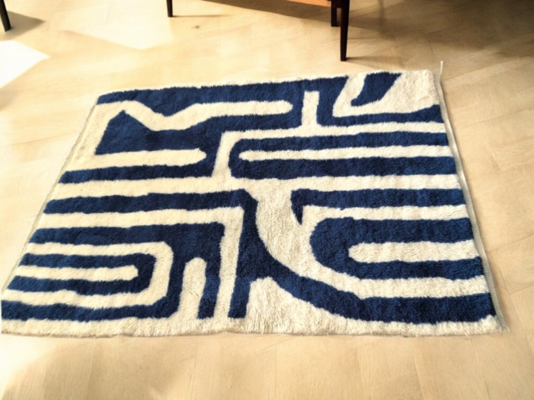 Luxury Berber wool rug, blue and white