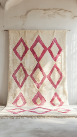  High Wool Moroccan Rug, White and Pink