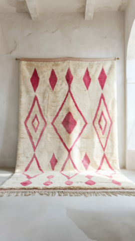 Moroccan Rug White with Dark Pink Diamond Pattern