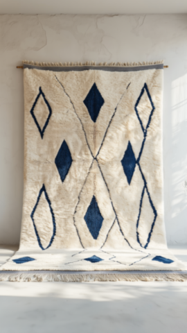 Moroccan wool rug with blue diamond pattern