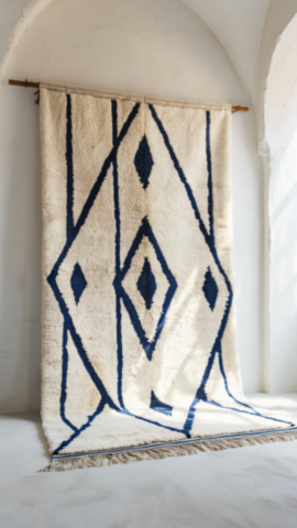 White wool rug with blue patterns