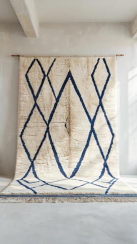 Tapis laine écru losange bleu