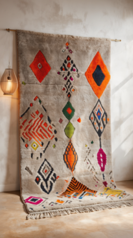 Tapis Azilal Fait Main Coloré – Design Graphique Fond Gris