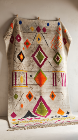 Tapis Azilal Artisanal Coloré en Laine – Fond Gris