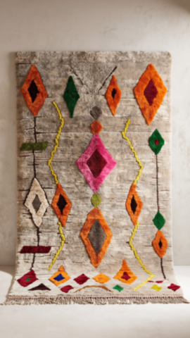 Tapis Azilal Traditionnel Coloré sur Fond Gris Élégant