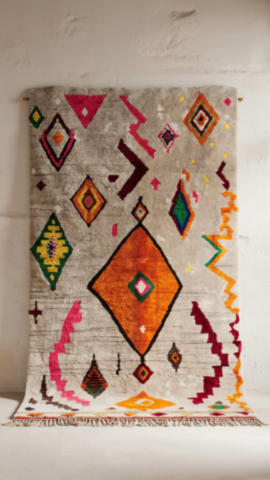 Tapis Berbère Azilal Coloré Motifs Géométriques Fond Gris